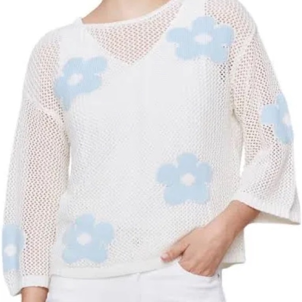 CHARLIE B White and Blue Floral Knit Sweater